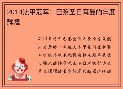 2014法甲冠军：巴黎圣日耳曼的年度辉煌